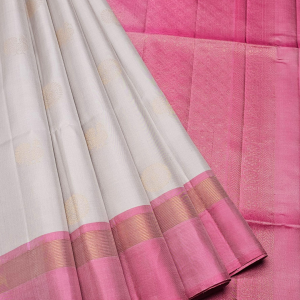 Elegant Light Grey & Pink Kanchipuram Silk Saree with Golden Zari Border