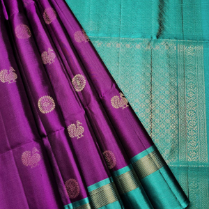 Royal Purple & Teal Green Kanchipuram Silk Saree with Peacock Zari Motifs