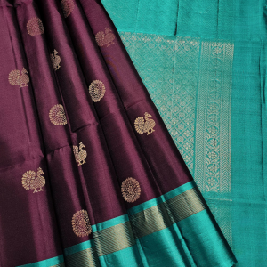 Wine Purple & Teal Green Kanchipuram Silk Saree with Golden Zari Peacock Motifs
