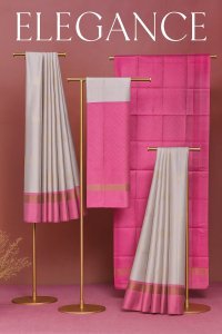 Elegant Light Grey & Pink Kanchipuram Silk Saree with Golden Zari Border