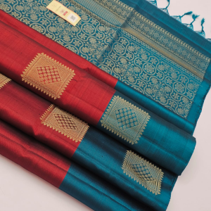 Teal Blue & Red Kanjivaram Soft Silk Saree