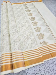 Traditional Kerala Kasavu Saree with Golden Zari – Peacock & Floral