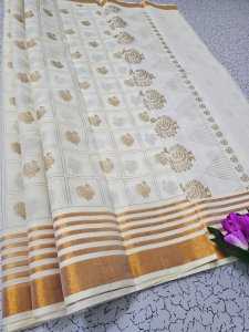 Grid & Peacock Motif Kasavu Saree