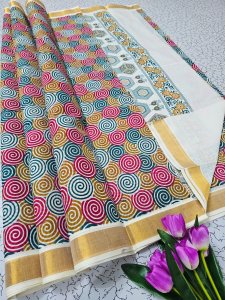 Multicolor Spiral Printed Kerala Saree