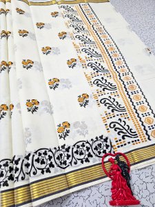 Yellow Floral Printed Cotton Saree