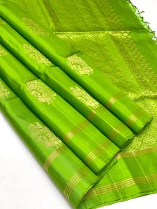 Green Soft Silk Saree with Golden Buttas