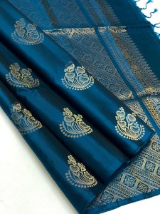 Peacock Teal Silk Saree with Traditional Gold Butta and Rich Border