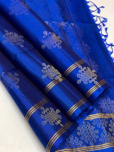 Royal Blue Soft Silk Saree with Silver and Gold Temple Motifs