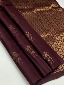 Deep Maroon Banarasi Silk Saree with Gold Leaf Weaves & Floral Motifs
