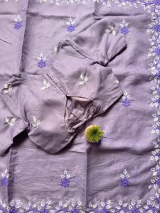 Lavender Embroidered Organza Saree with Floral Border & Matching Blouse