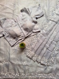 Elegant Grey Organza Saree with White Thread Embroidery & Matching Blouse