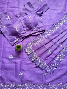 Royal Purple Organza Saree with Silver Floral Embroidery & Matching Blouse