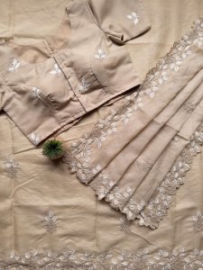 Soft Beige Organza Saree with White Floral Embroidery & Matching Blouse