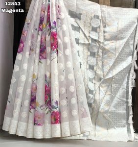 White Organza Saree with Magenta Floral Print & Embroidered Butta's